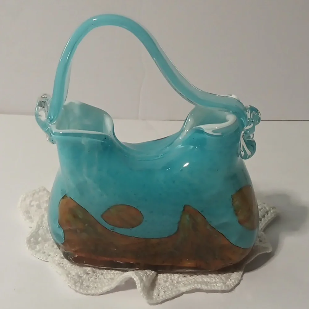 Glass Blue‎ With Gold Bronze Marks Handbag Bag Vase Purse Vintage - Picture 3 of 7